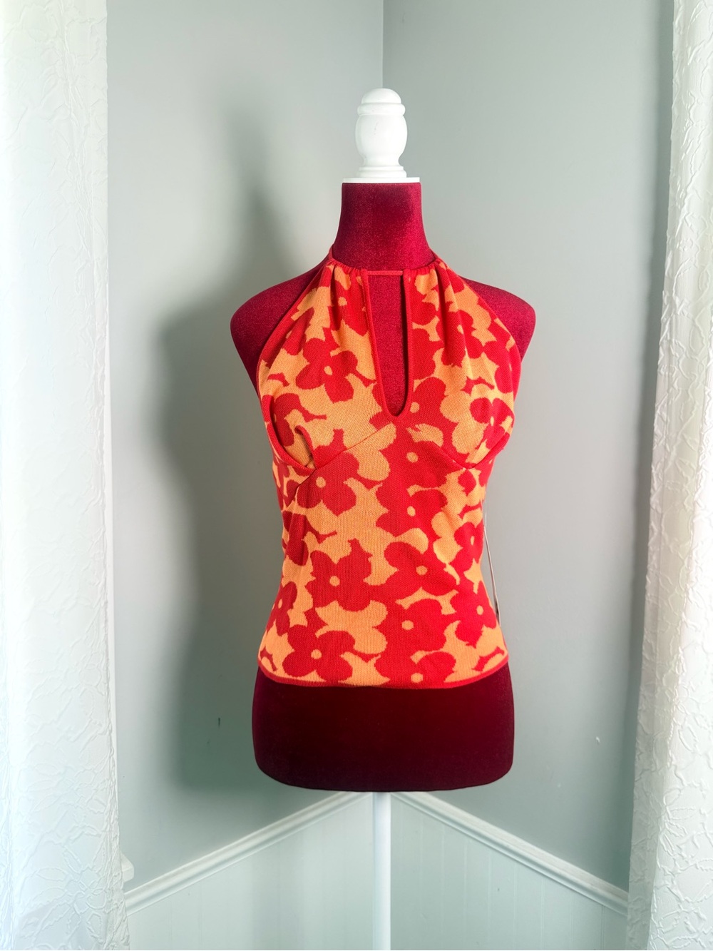 NYC Floral Halter Top Women’s Medium 7/8 NWT Orange Red Retro Knit Tank